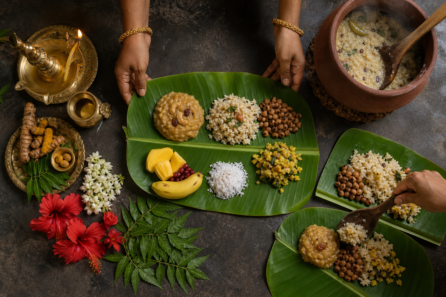 Hands place and serve rice, legumes, fruit, coconut, and vegetable dishes on banana leaves beside ritual flowers and a lamp.