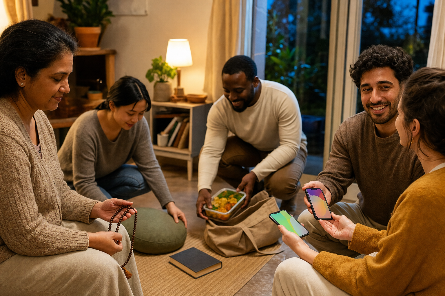Several participants prepare for weekly devotional practices with prayer beads, a reading space, vegetarian food, and mutual support.