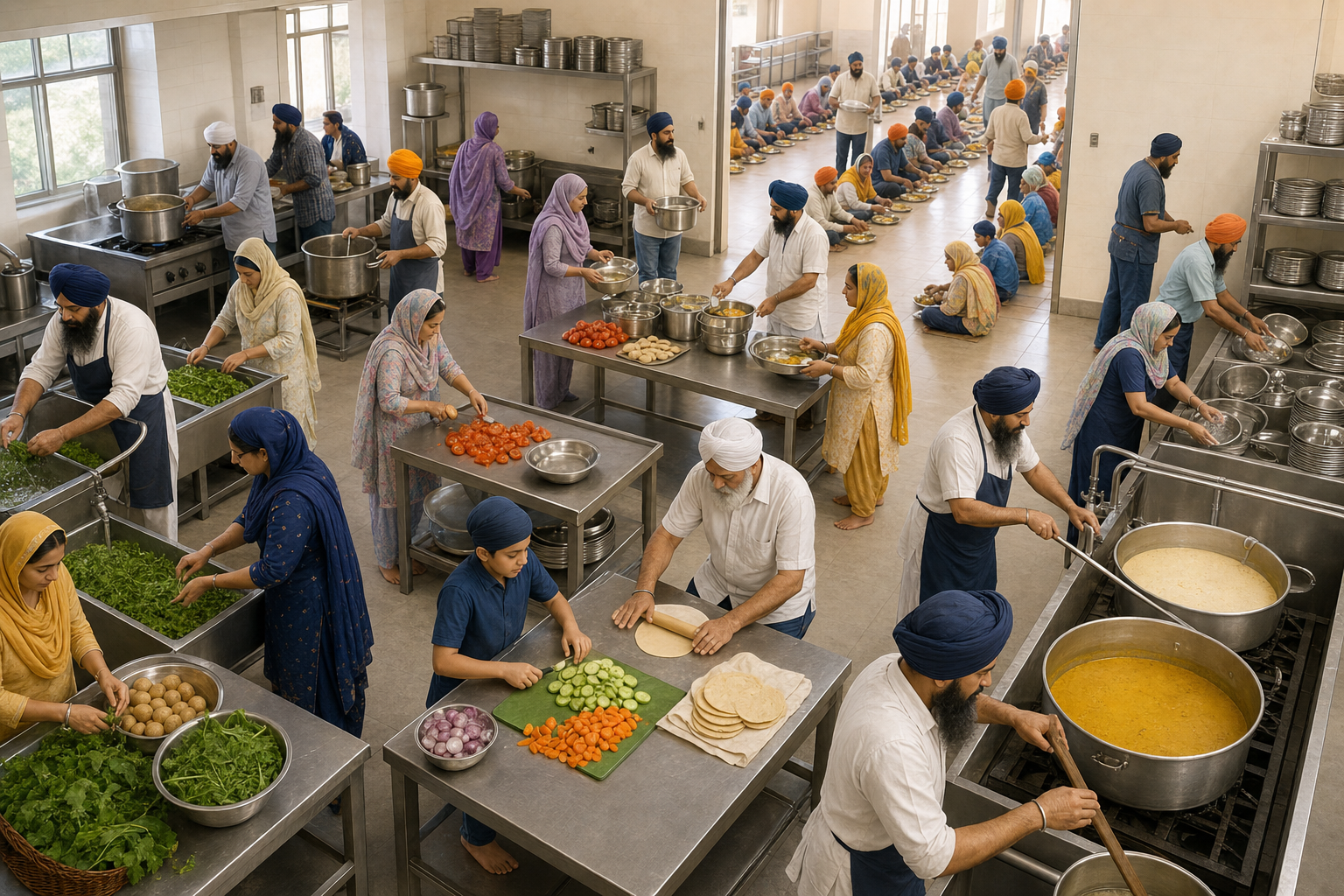 Volunteers with covered heads prepare, serve, and clean up a langar meal in an organized gurdwara kitchen.