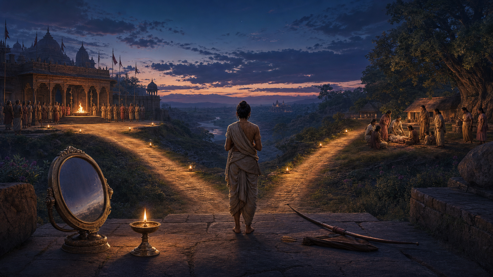 A contemplative figure stands at twilight between two paths, one leading to a royal court and the other to villagers helping a person in need.
