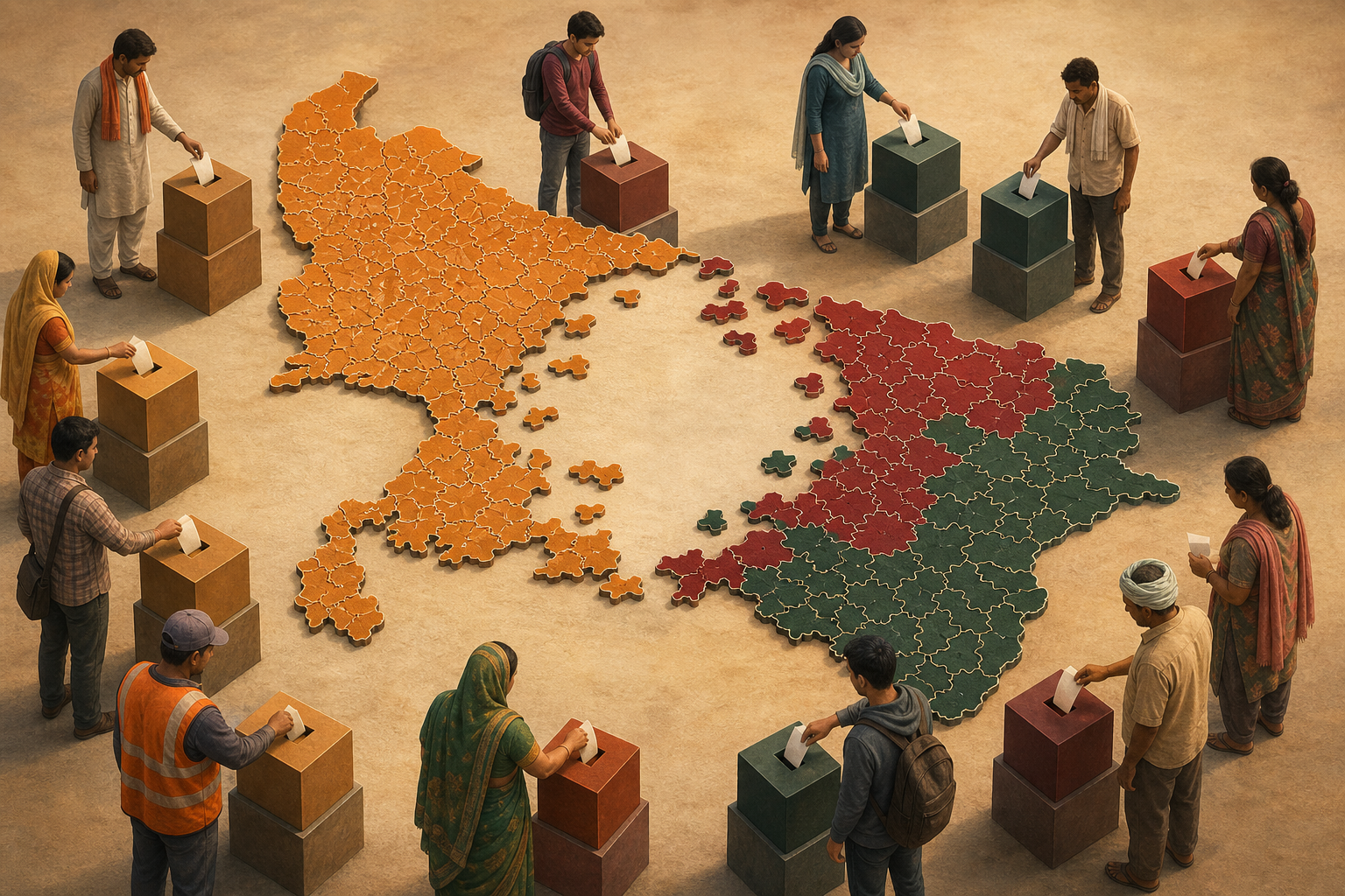 An editorial illustration of Uttar Pradesh assembled from colored tiles as diverse voters cast ballots around it.