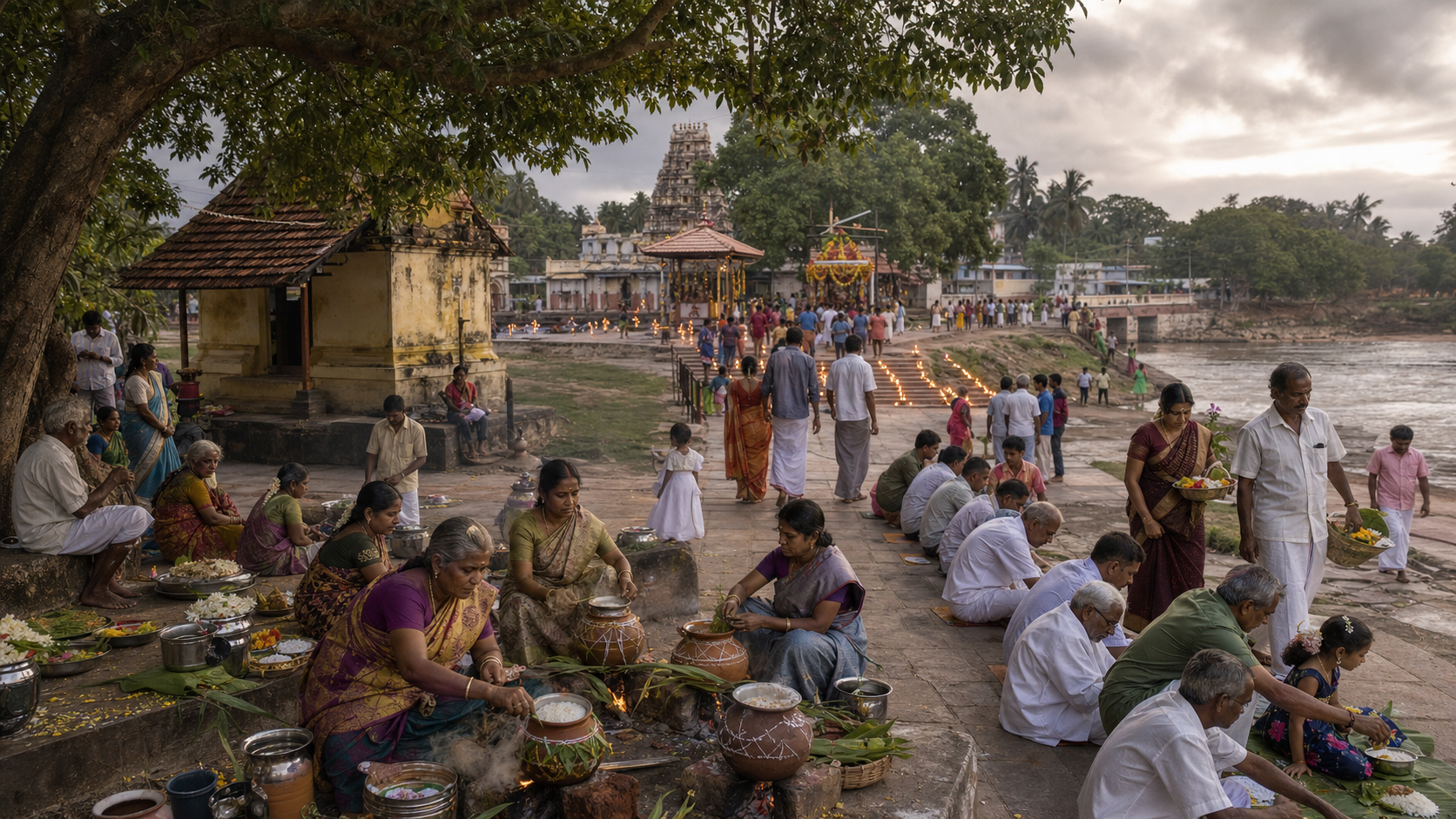 Different Tamil temple settings show devotees cooking pongal, serving food on banana leaves, lighting lamps, and carrying offerings during Aadi.