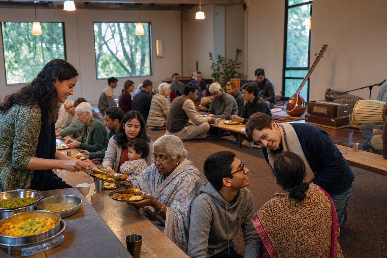 Volunteers serve vegetarian prasadam to families, elders, students, and newcomers seated together at communal tables.