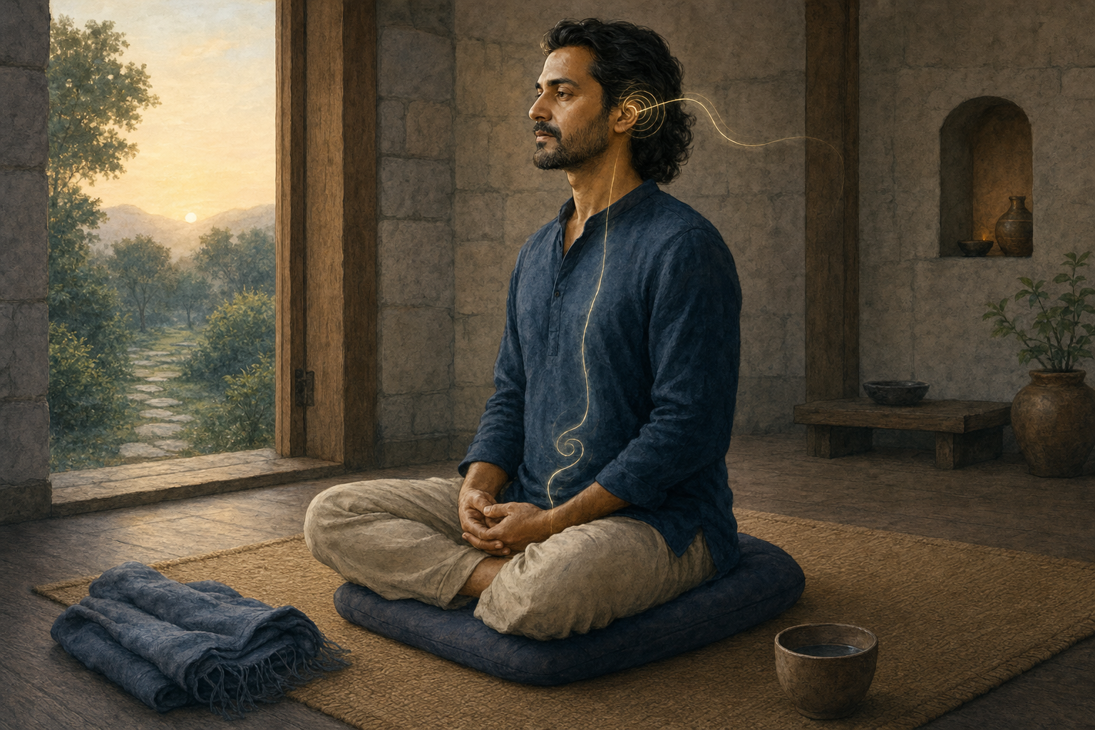 An alert meditation practitioner sits on a cushion at dawn as subtle golden ripples curve near the ear and a faint light follows the torso.