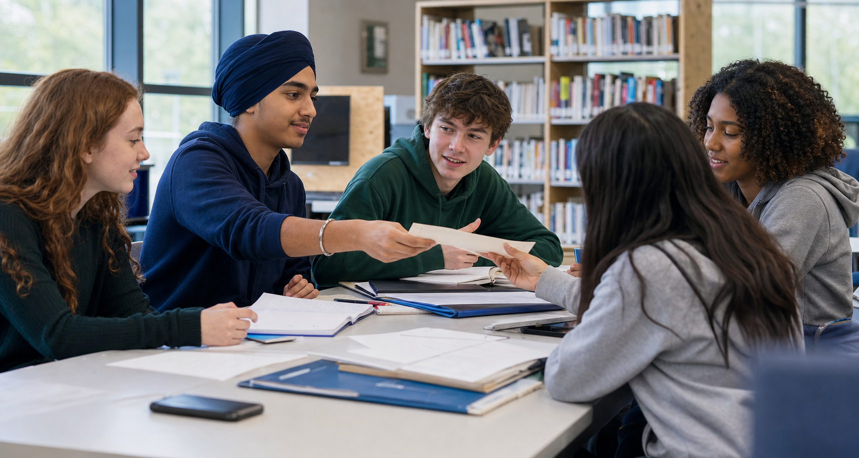 A Sikh teenager in a navy dastar welcomes another student into a diverse group working together at a school library table.