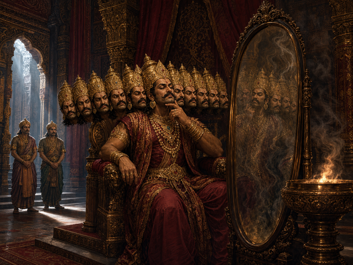 Ravana sits before a smoke-distorted bronze mirror in a golden hall while two counselors wait at a distance.