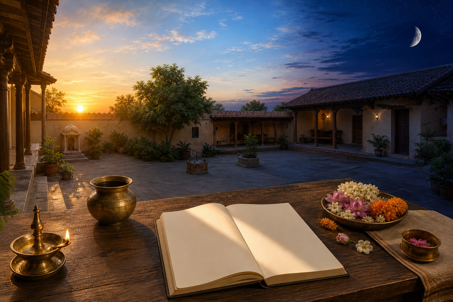 An unmarked notebook, brass lamp, flowers, and water vessel in an Indian courtyard shown between warm sunrise and blue evening twilight.