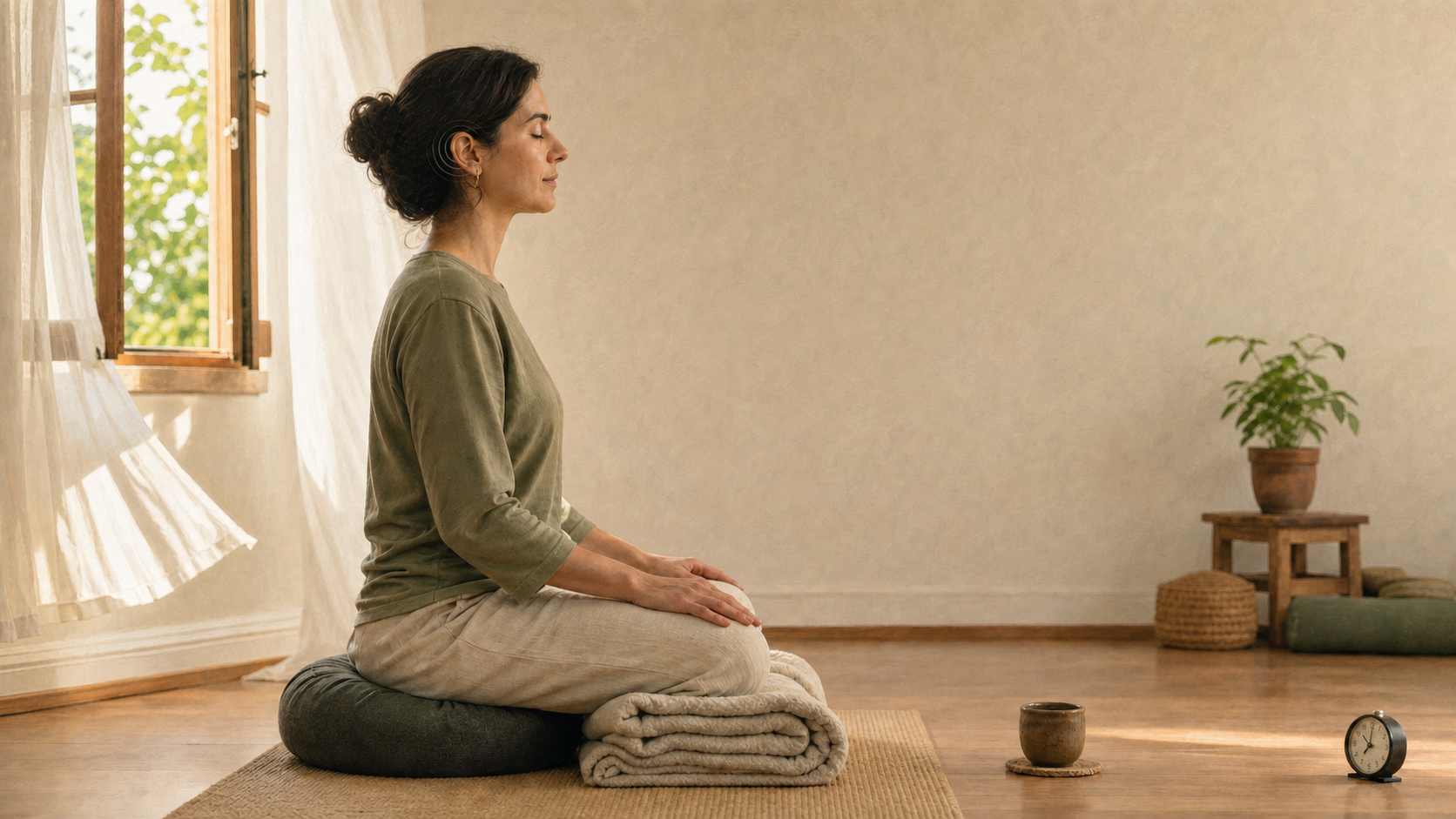 A person practices inner-sound meditation in a supported seated posture beside an open window, with hands and face relaxed.