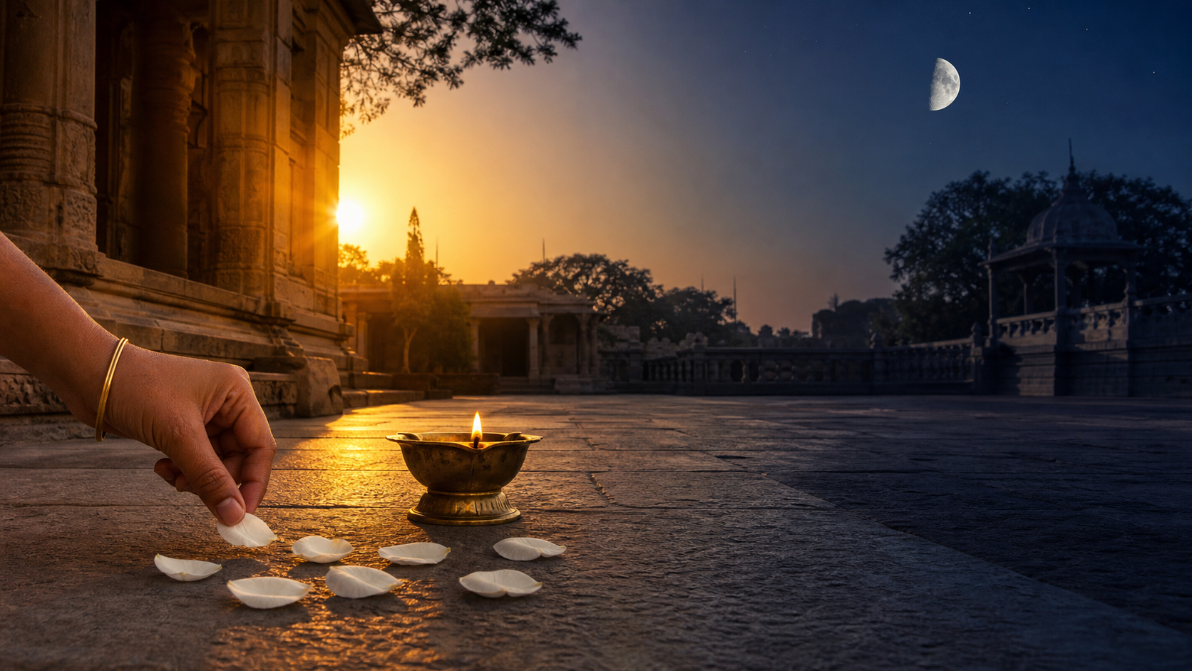 A temple courtyard changes from golden evening light to indigo twilight as a waxing half moon appears and a hand places a flower petal beside seven others.
