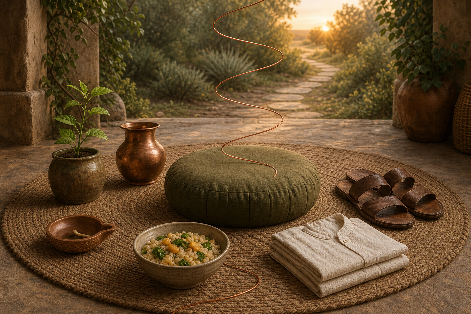 A meditation cushion is surrounded by food, water, clothing, sandals, a lamp, and a young plant, with a subtle copper spiral linking the objects.