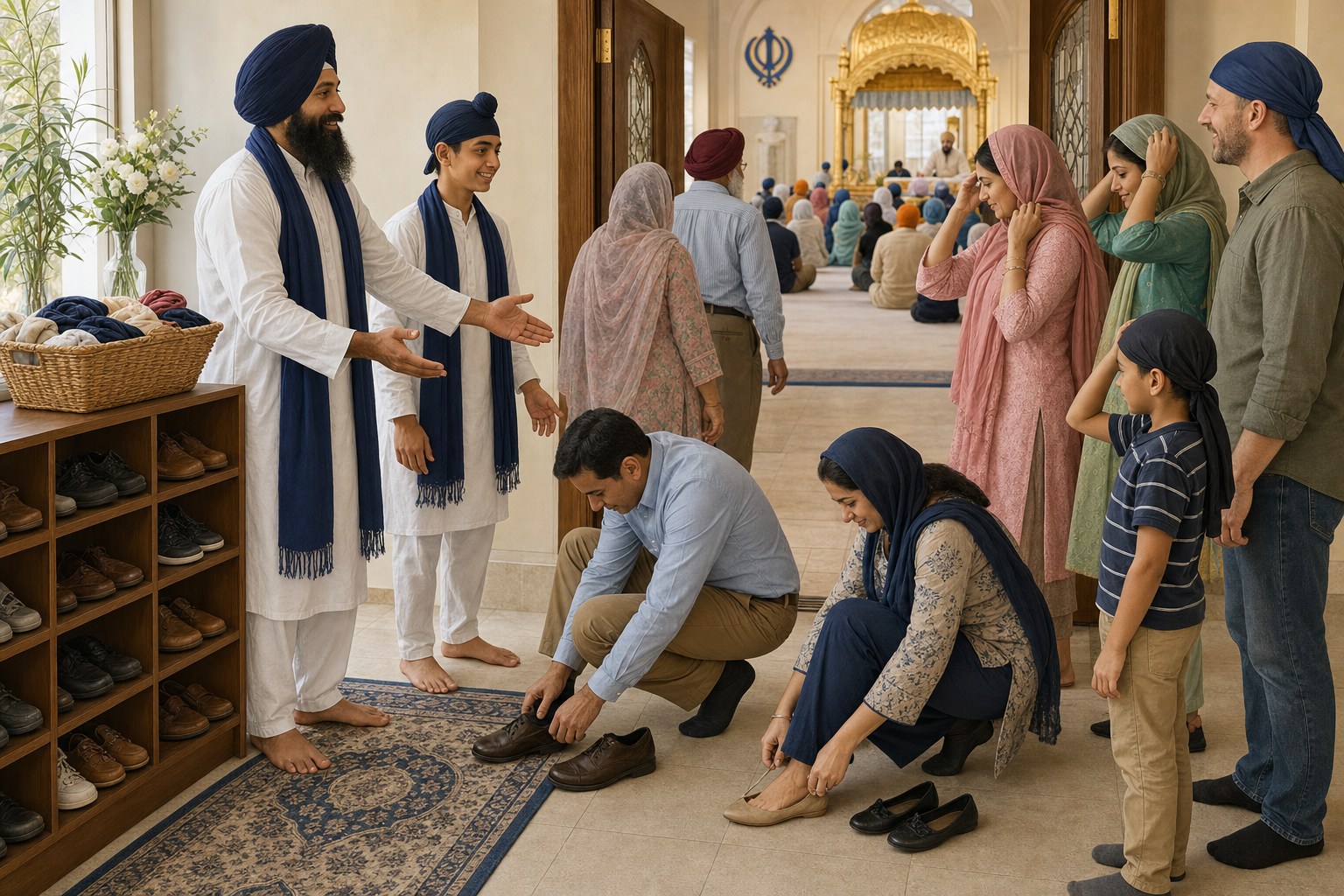 Sikh hosts welcome a diverse group of visitors as they cover their heads and remove their shoes at a gurdwara entrance.