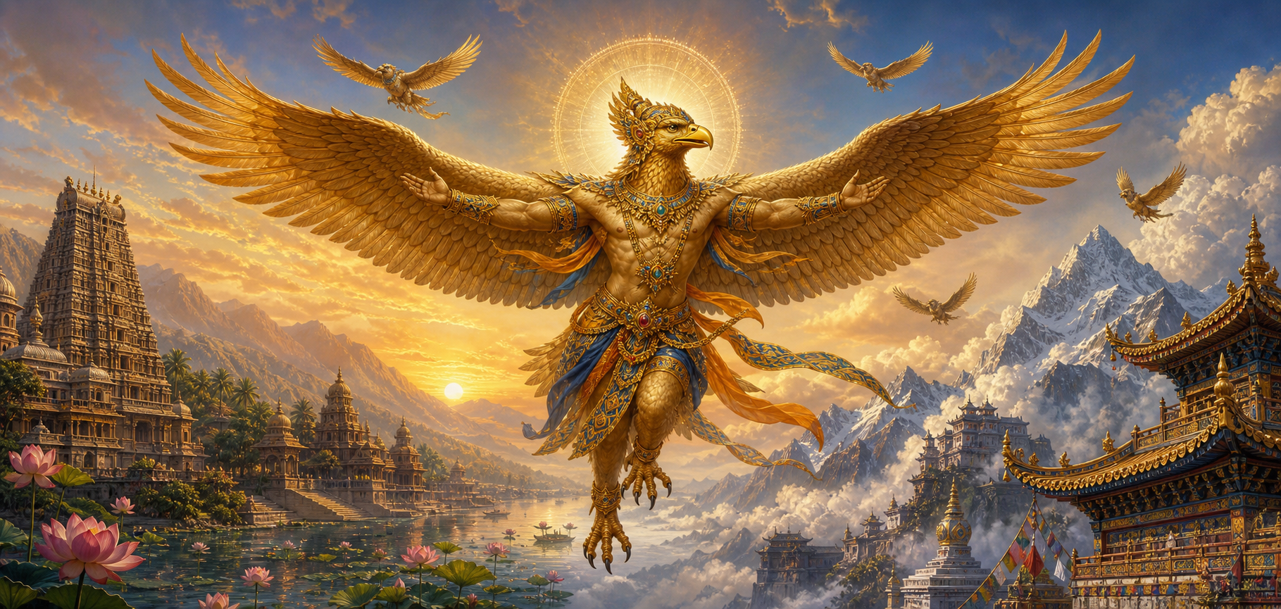 A radiant golden Garuda spreads its wings above a landscape blending Indian, Himalayan, and East Asian sacred architecture.