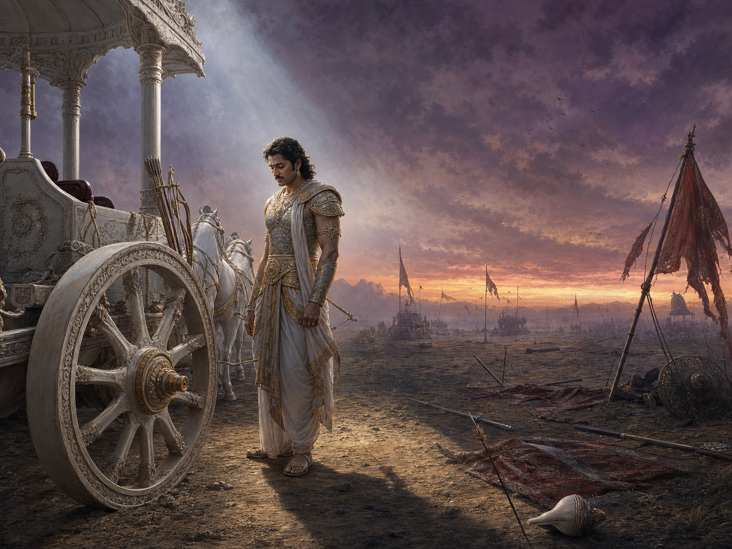 Yudhishthira stands solemnly beside a white chariot resting on the ground as an empty battlefield fades into evening mist.