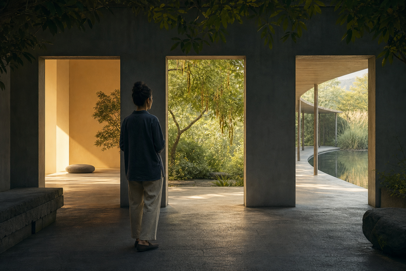 A thoughtful person pauses in a courtyard before three open passages leading to a quiet room, a breezy garden, and a path beside water.