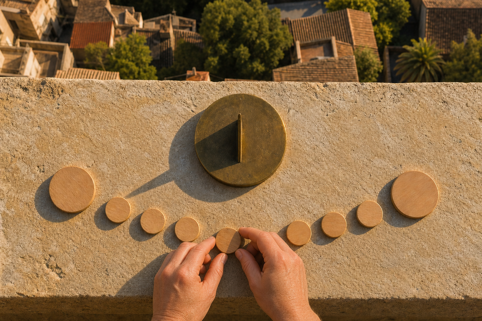 Hands arrange plain wooden markers around a brass sundial casting a shadow on a rooftop terrace above local buildings and trees.