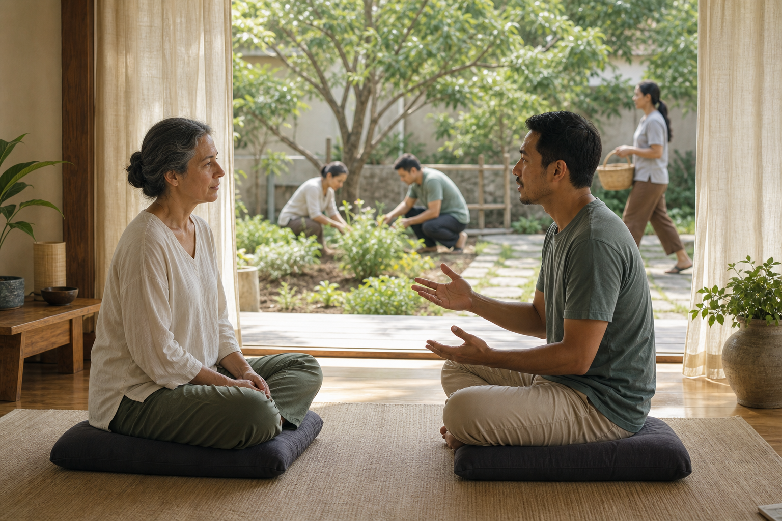 A meditation teacher listens to a student in a simple room while people tend a community garden outside the open veranda.
