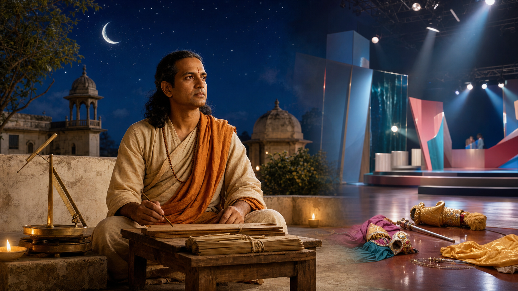 Editorial illustration of Aryabhata seated with palm-leaf bundles and an astronomical gnomon between an ancient courtyard and a brightly lit commercial stage.