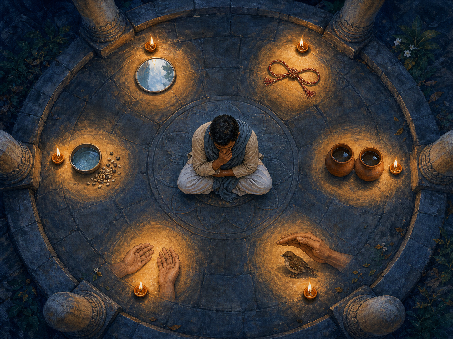 A seated person reflects within a circular pavilion as six oil lamps illuminate a mirror, promise cord, clay vessels, protective hand, listening hands, and a bowl with seeds.