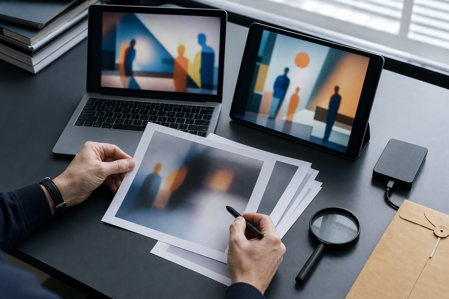 A researcher compares paused video frames on two unbranded devices beside a magnifying glass, source pages, an evidence folder, and a storage drive.