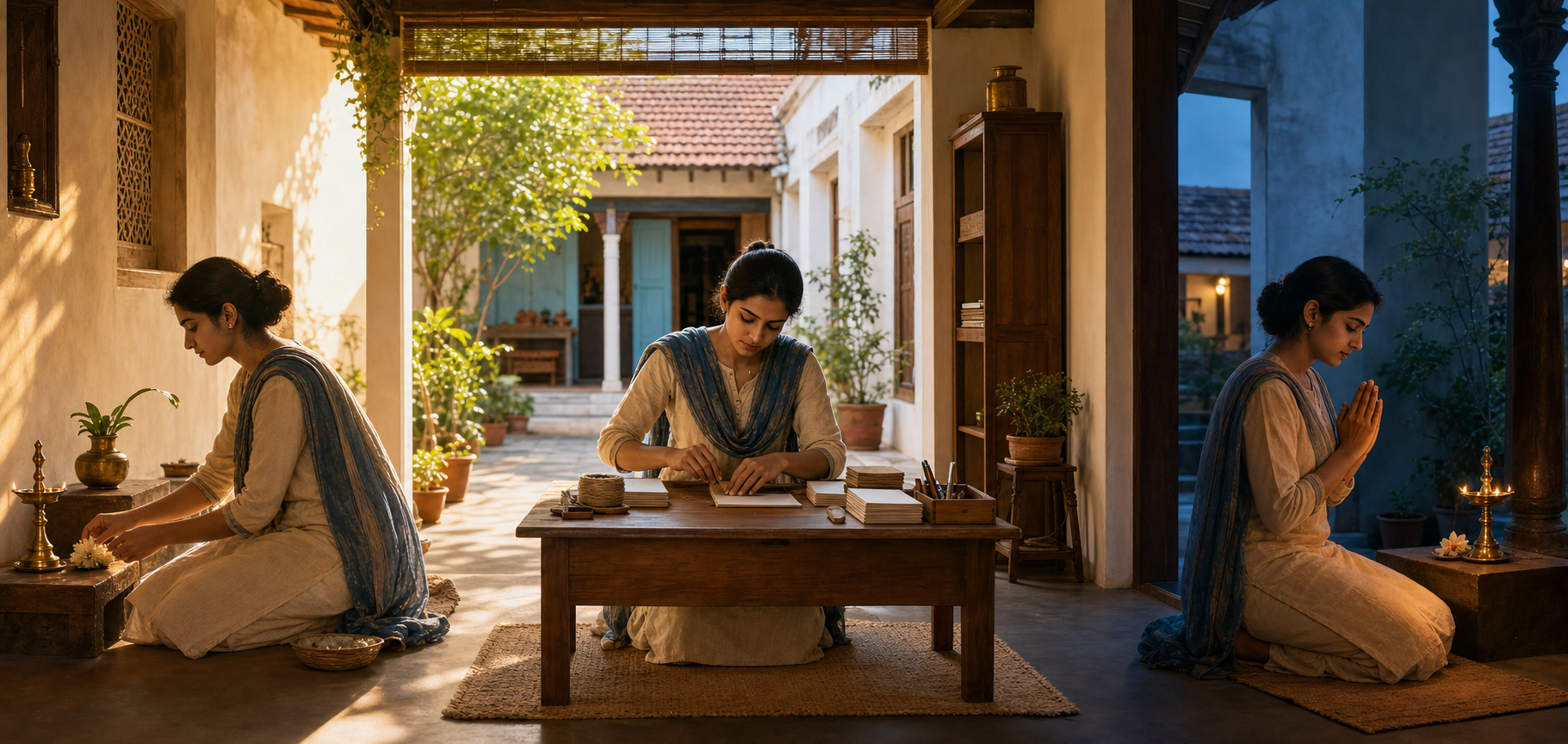 A continuous courtyard panorama shows morning flower offering, midday work at a wooden desk, and evening prayer beside a glowing brass lamp.