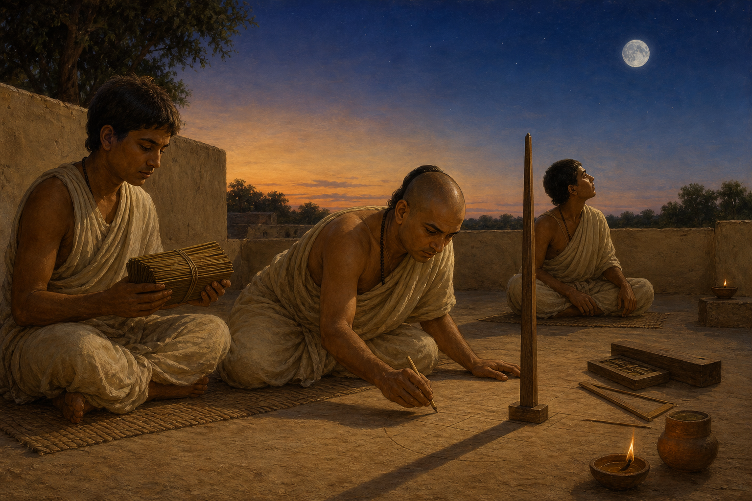 Historical illustration of Aryabhata and two assistants studying the shadow of a gnomon in a modest Indian courtyard at dusk.
