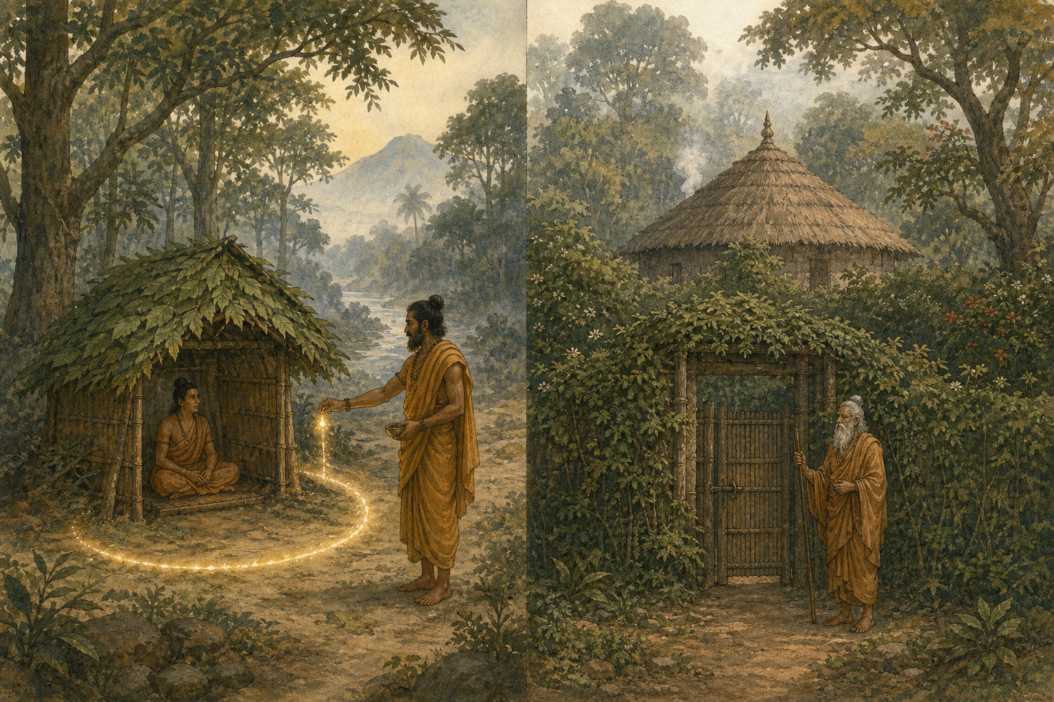 A split illustration contrasts a temporary glowing perimeter around a forest shelter with a secluded hermitage controlled through one gate.