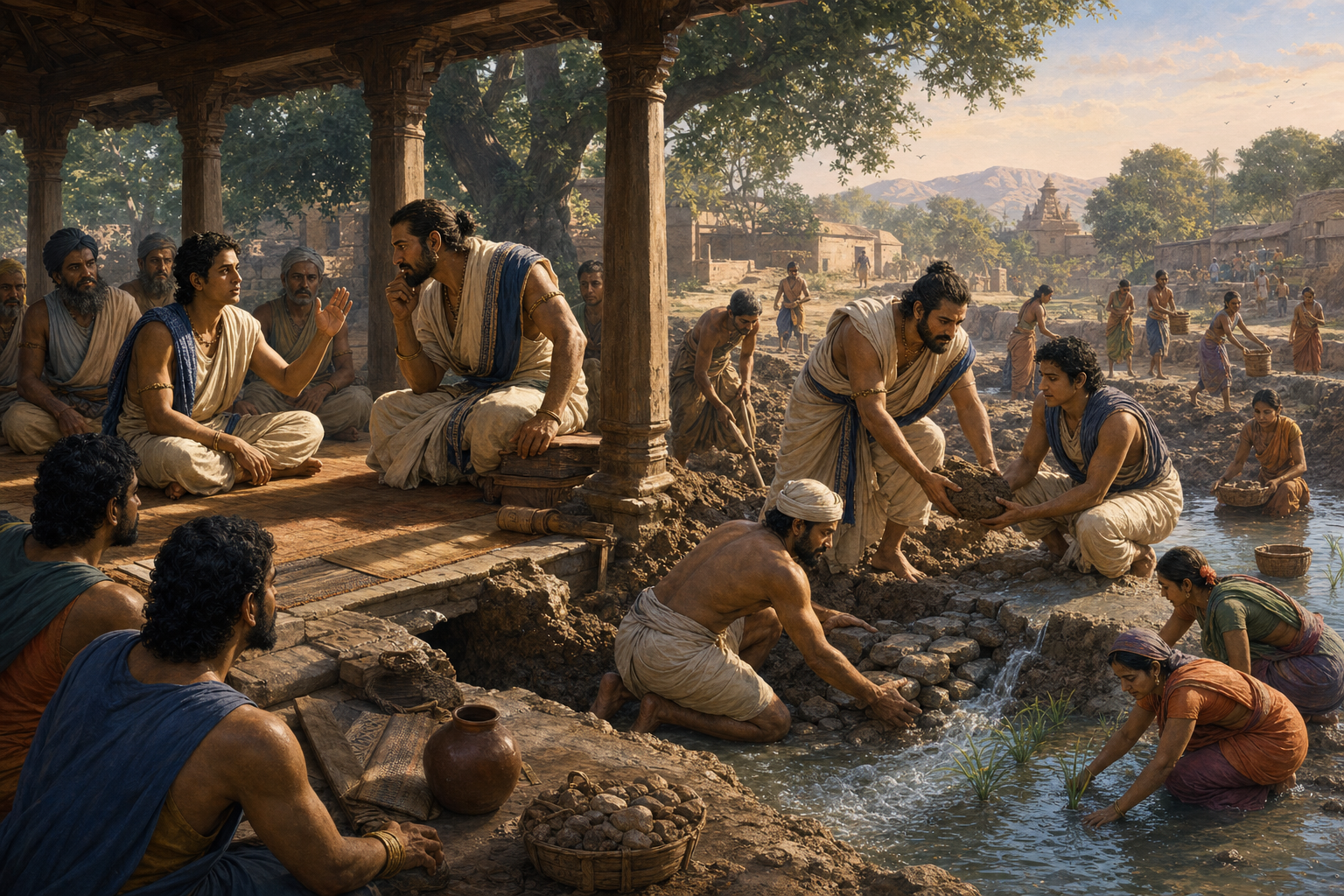 A counselor speaks in a shaded royal council while the scene opens into villagers and leaders repairing an irrigation channel in morning light.