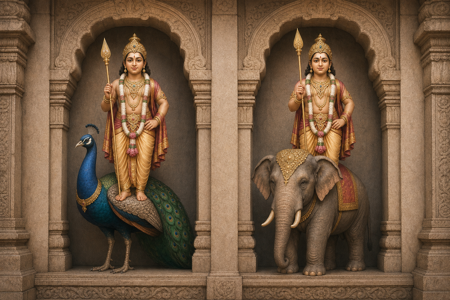 Two temple niches show similarly depicted forms of Murugan, one with a peacock and the other mounted on an elephant.