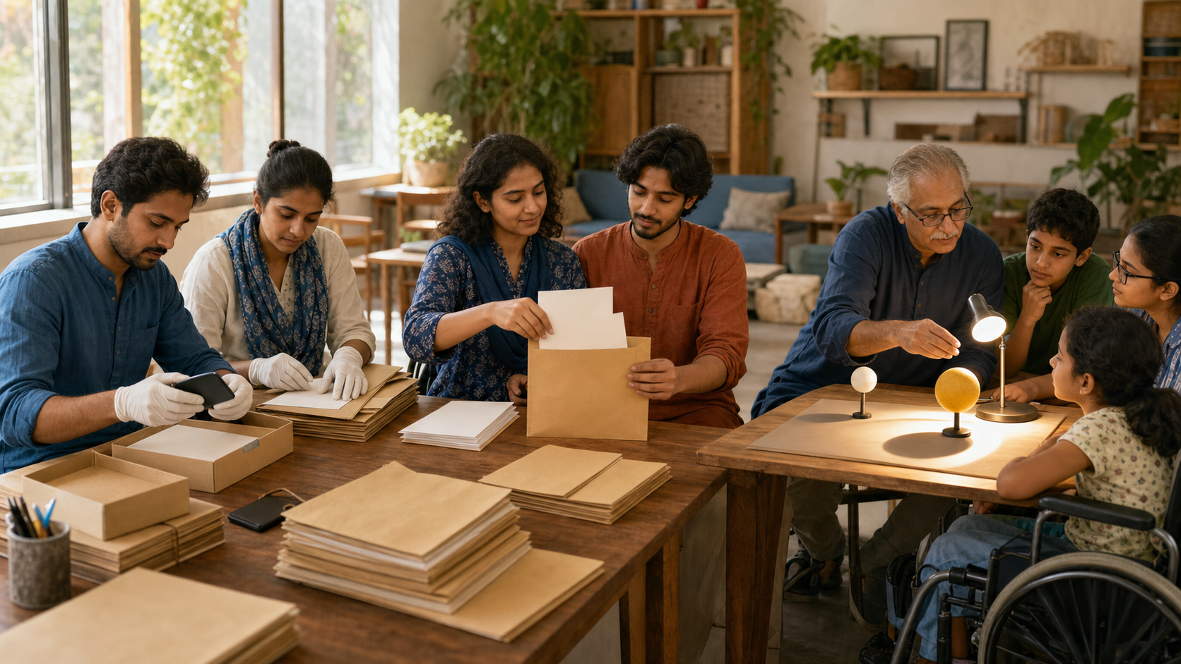 Community volunteers archive digital evidence, prepare an unmarked formal envelope, and teach astronomy with a lamp-and-sphere model.
