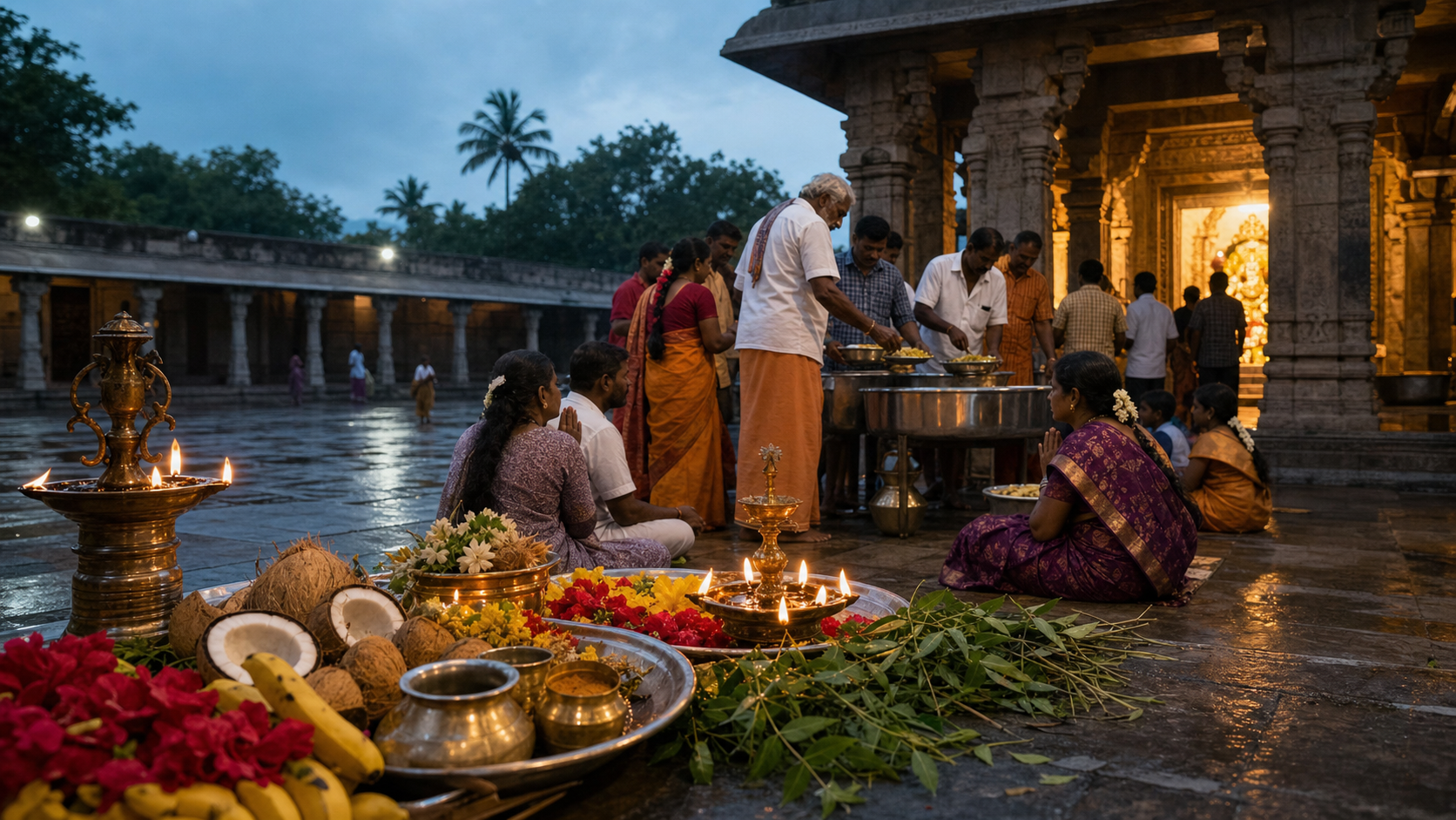 Families pray with oil lamps and flower offerings in an Amman temple courtyard while volunteers serve a meal nearby.