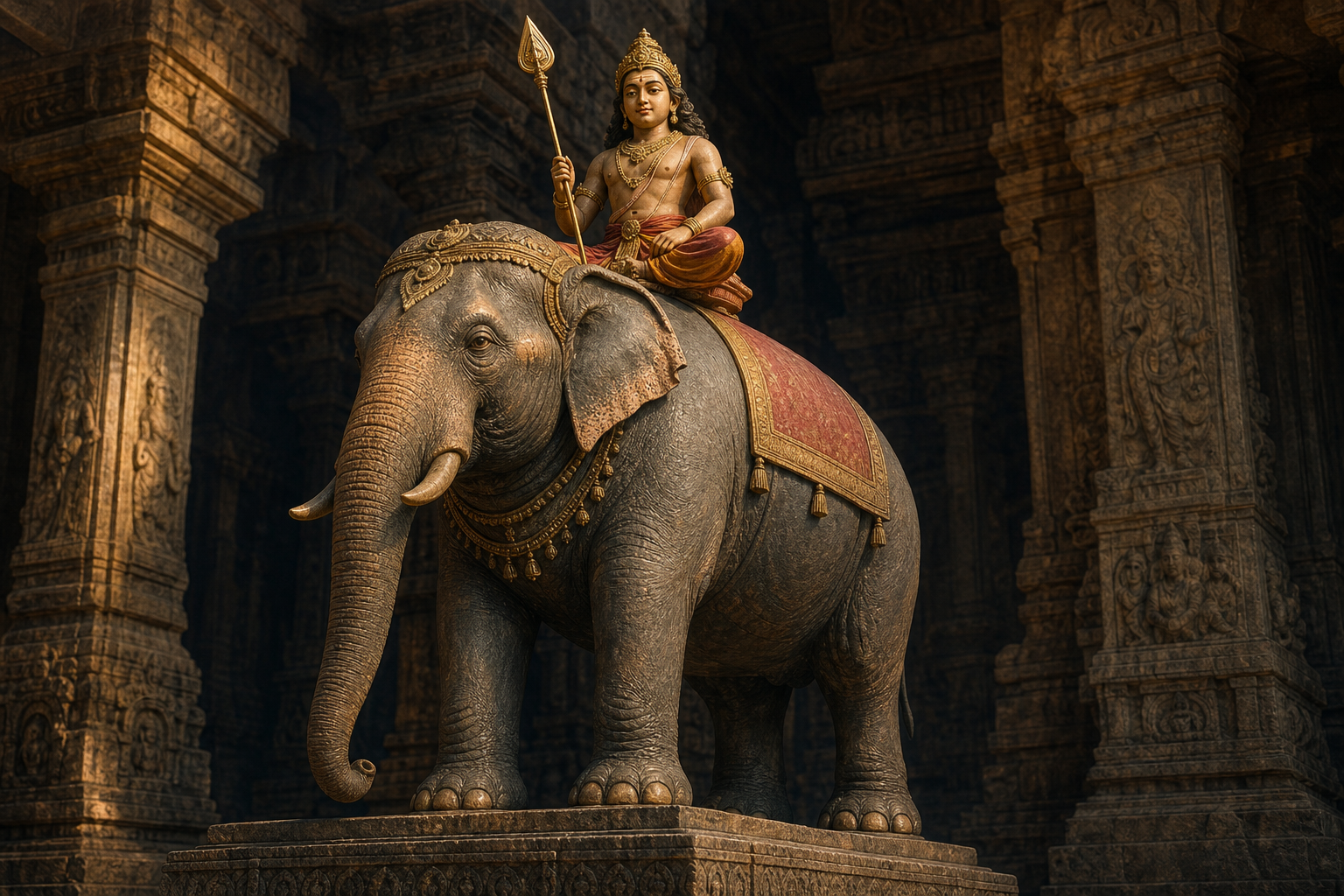A calm elephant stands firmly beneath Murugan, who sits upright holding a vel spear among shadowed temple pillars.