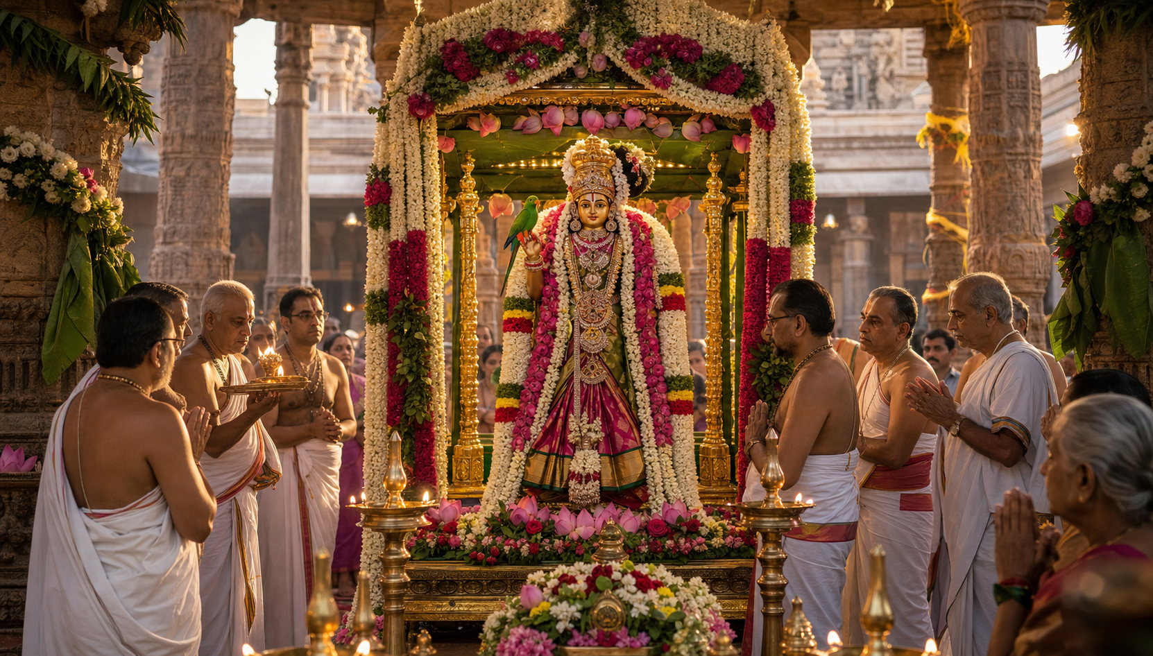 Andal's flower-garlanded festival icon beneath a canopy in a lamp-lit Tamil temple courtyard during Aadi Pooram.