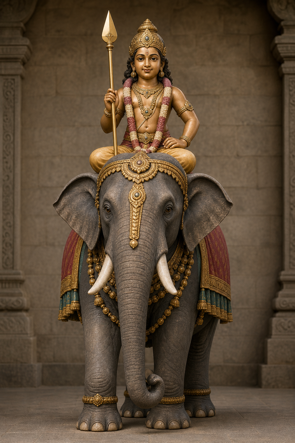 Close frontal view of a crowned youthful Murugan holding a vel above a clearly visible elephant mount.