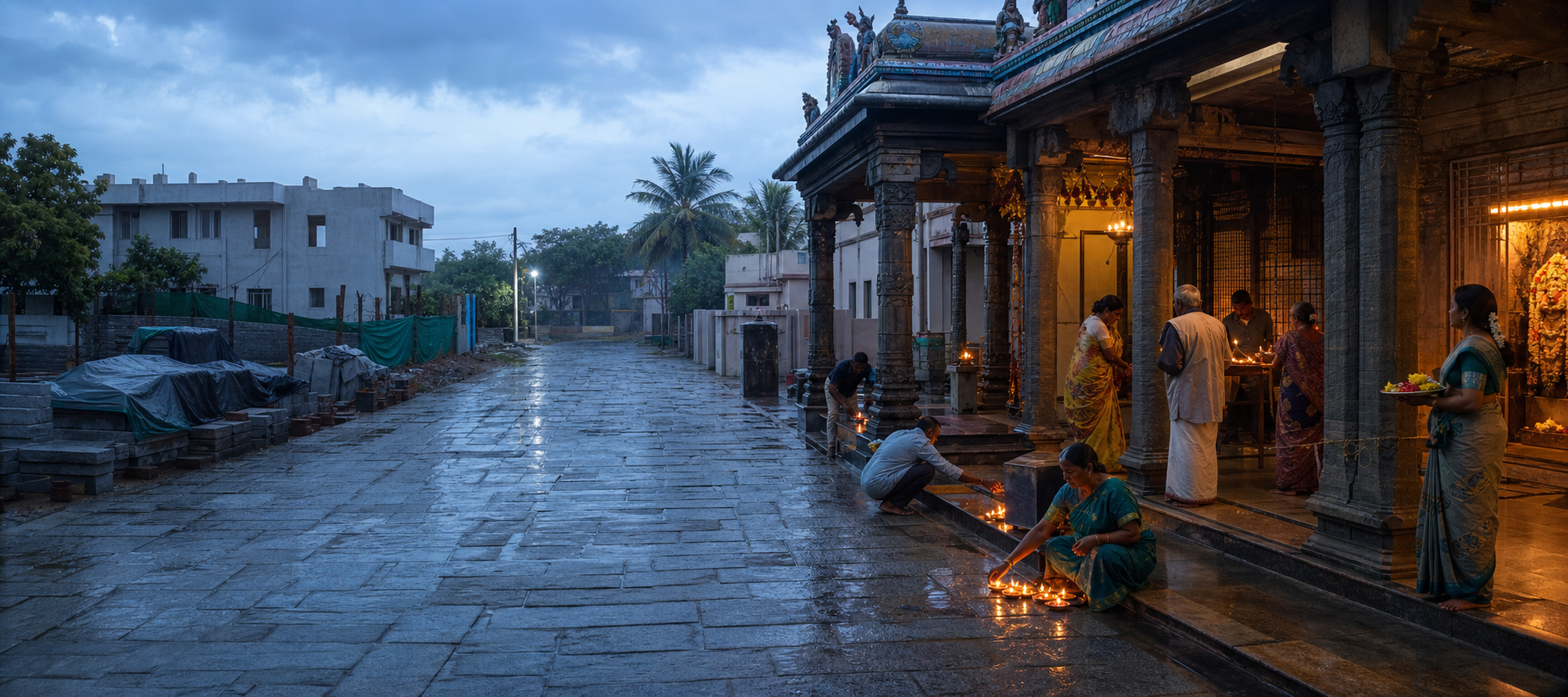 A quiet building site stands unused near an active temple courtyard where devotees light lamps at dawn.