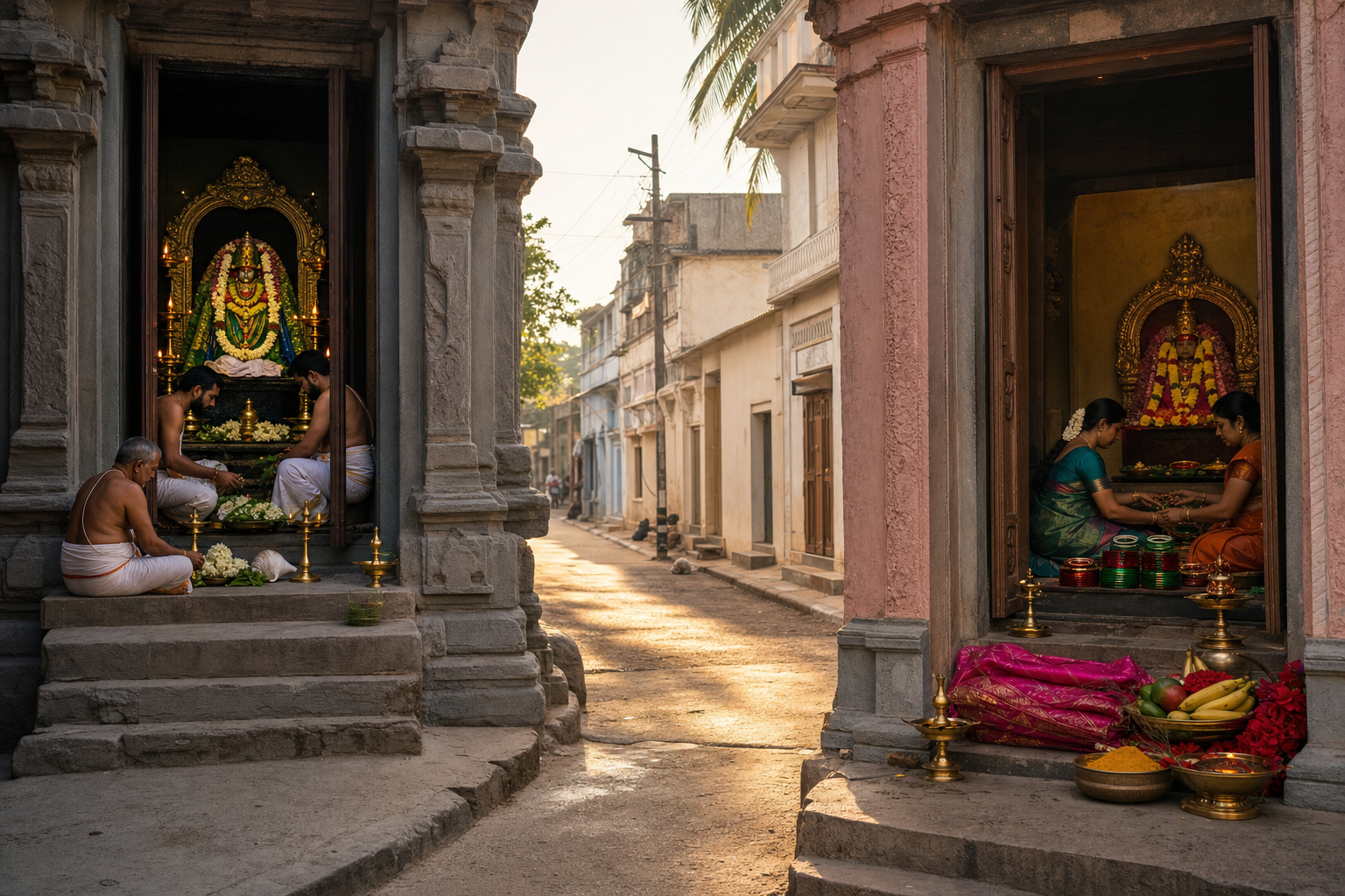 Separate Vaishnava and Amman temple doorways prepared with Andal garlands and Valaikappu bangles for observances on the same festival day.