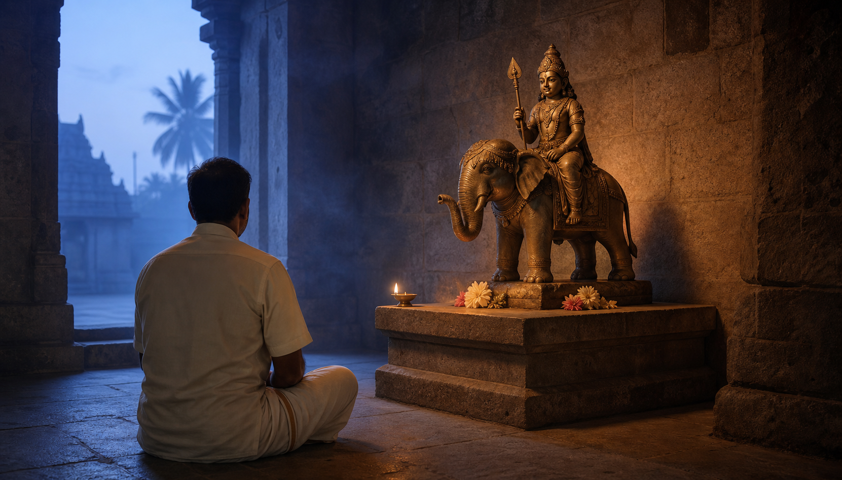 A seated worshipper quietly observes a small image of Murugan mounted on an elephant in a lamplit temple hall.