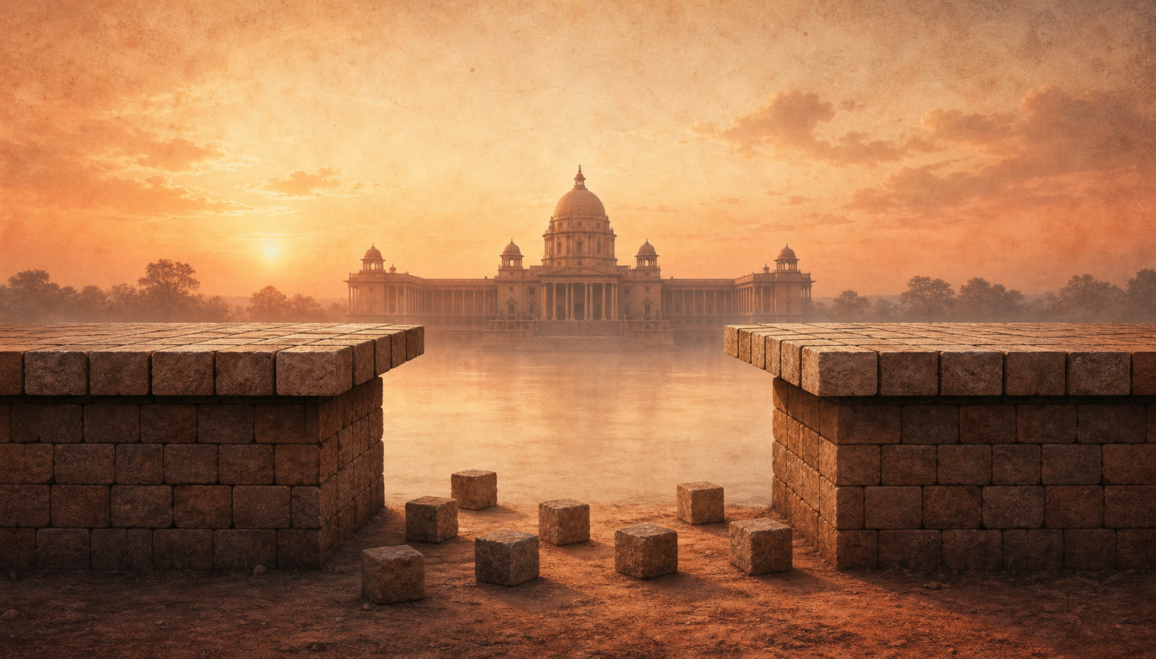 Two incomplete block pathways begin from opposite foundations but do not reach a government building in the distance.