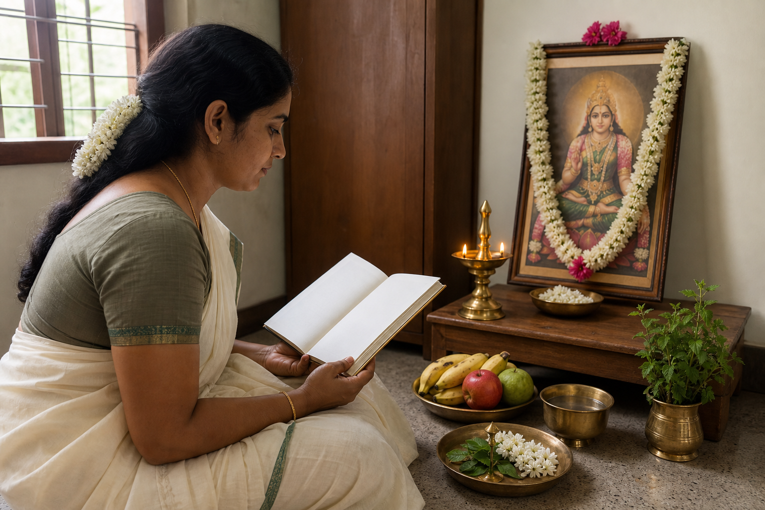 A worshipper recites beside a simple home shrine for Andal with flowers, tulasi, fruit, water, and a brass oil lamp.