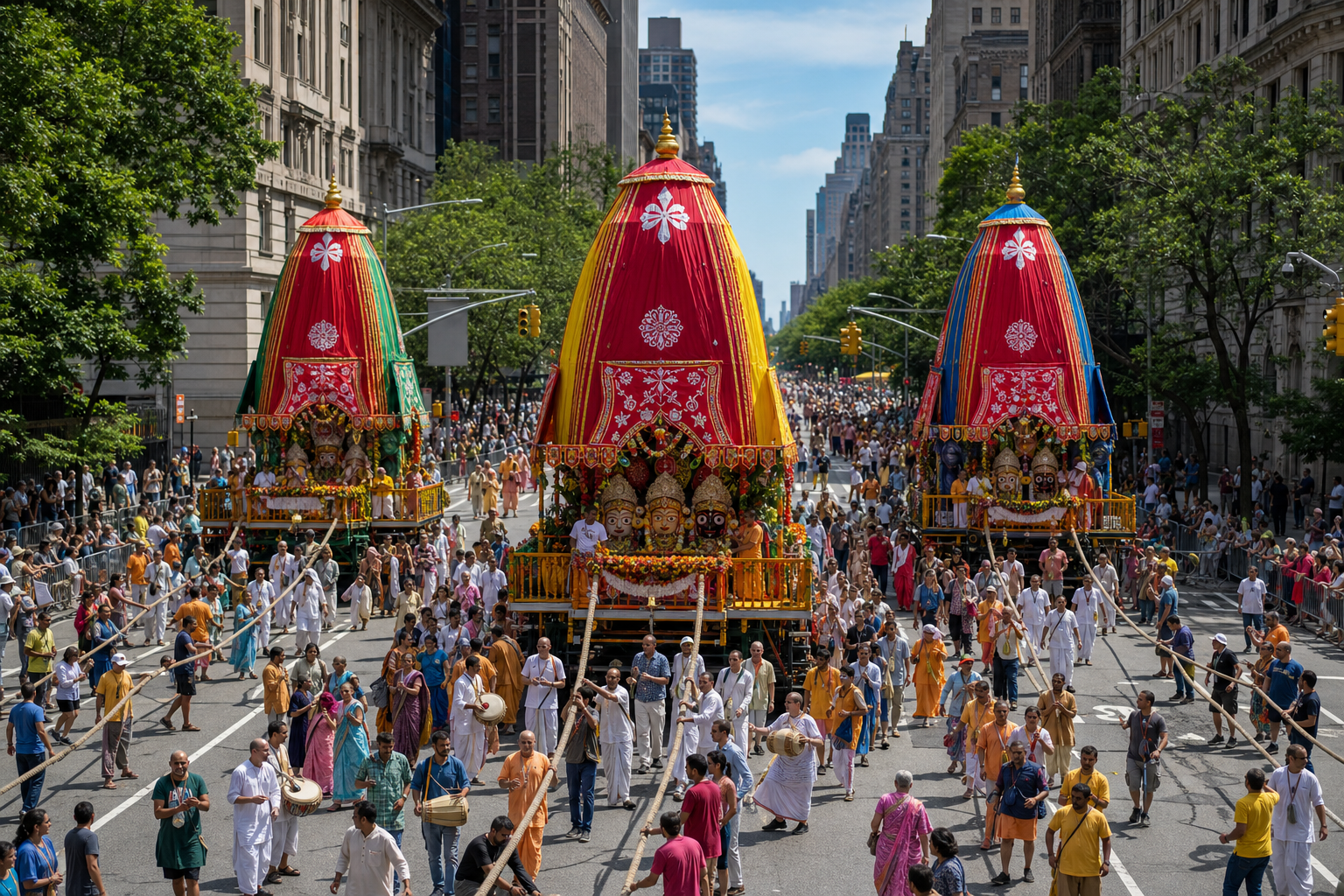 Three colorful Ratha Yatra chariots travel along a Manhattan avenue as participants pull ropes, sing, dance, and gather beside sidewalk spectators.
