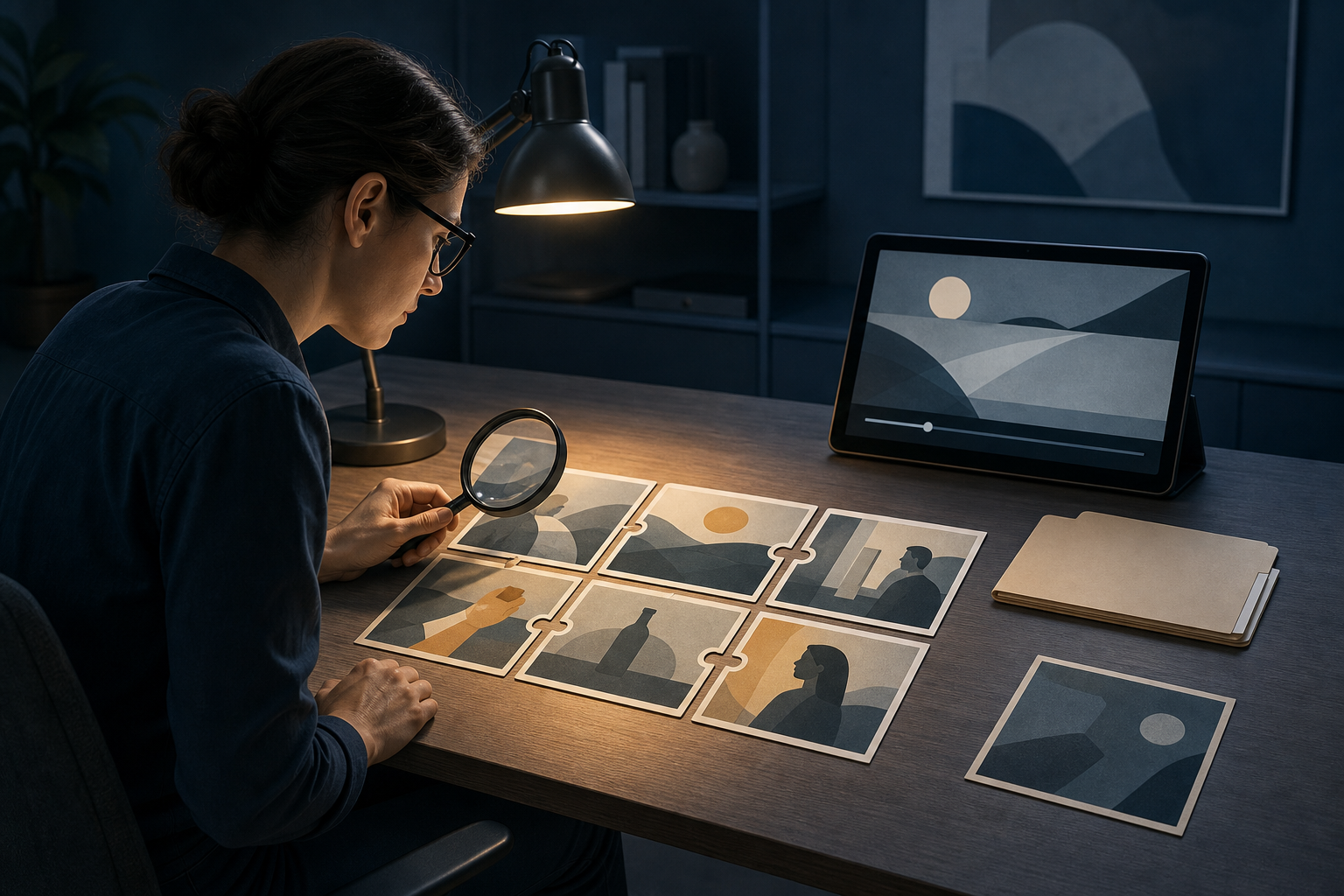 A researcher uses a magnifying glass to compare a paused advertisement scene with storyboard frames and other evidence on a desk.