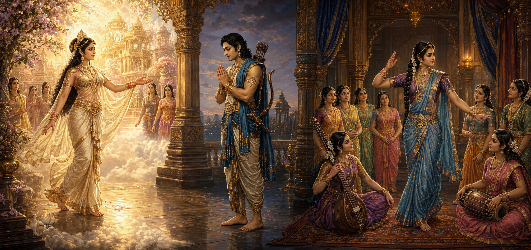 Three-part illustration showing Urvashi approaching Arjuna in a celestial court, Arjuna respectfully refusing her, and Brihannala teaching dance in Virata's palace.