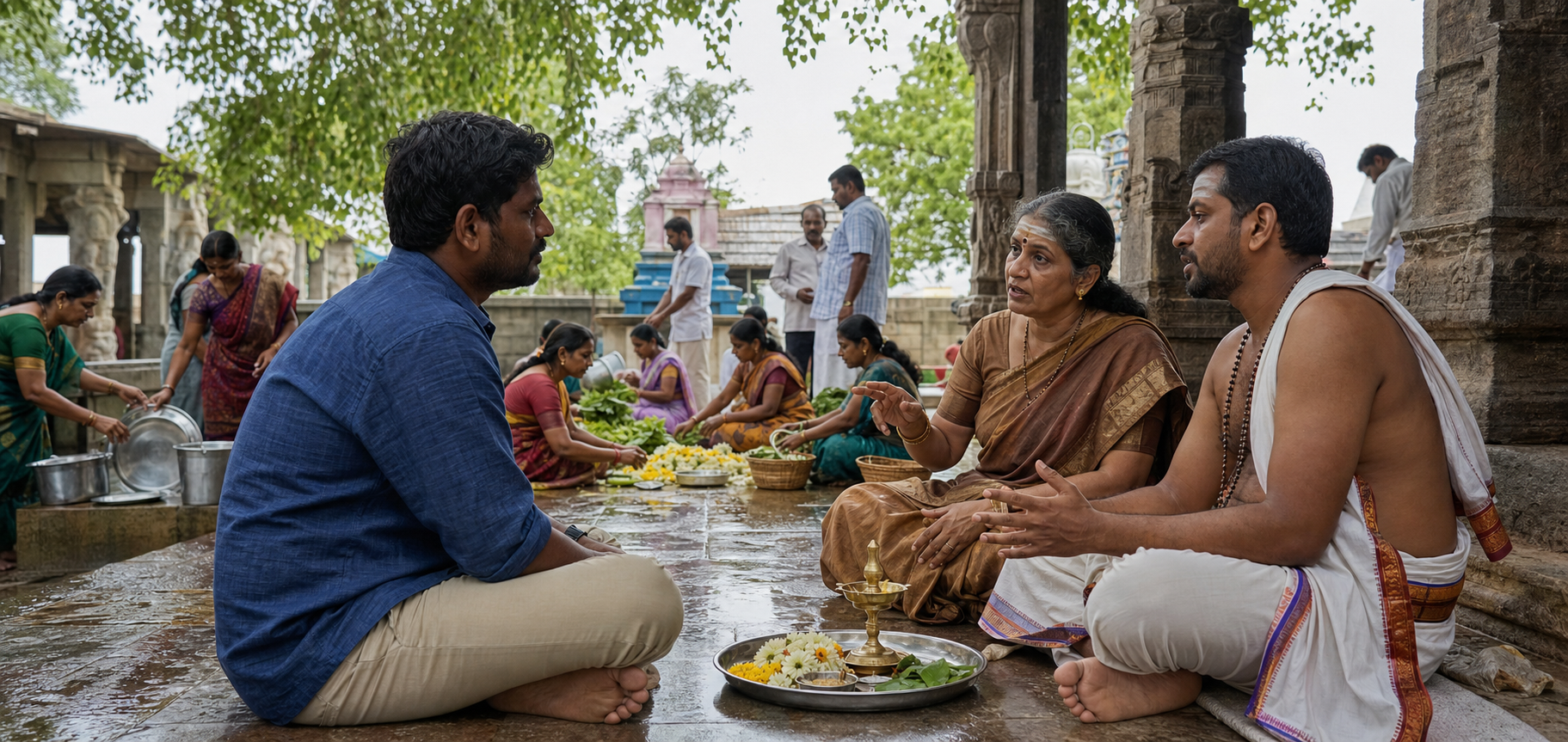 A devotee consults an older family guide and a priest while volunteers prepare food and clean plates at an Amman temple.