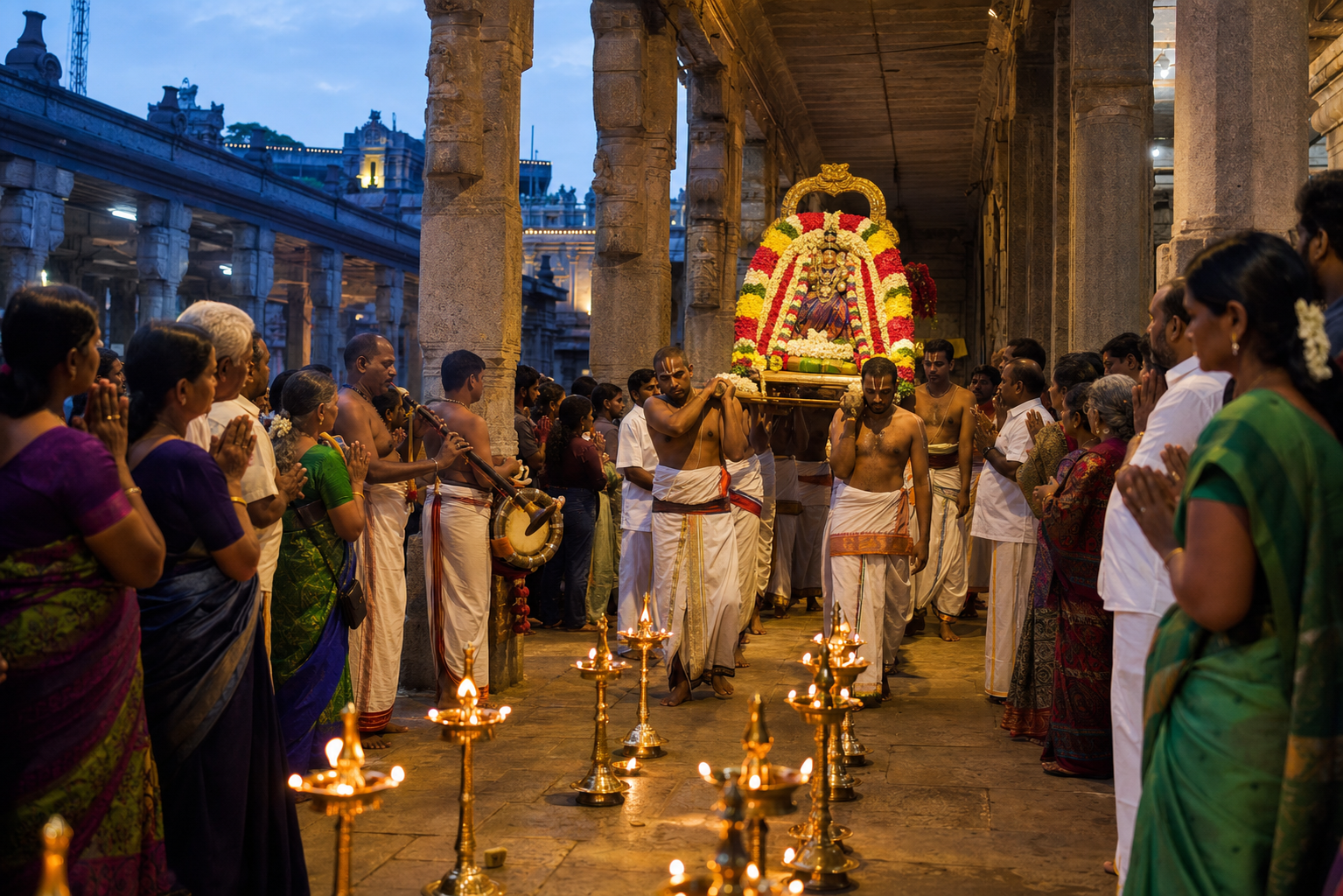 Priests carry a garlanded Andal festival icon through a lamp-lit temple colonnade as devotees wait for darshan.