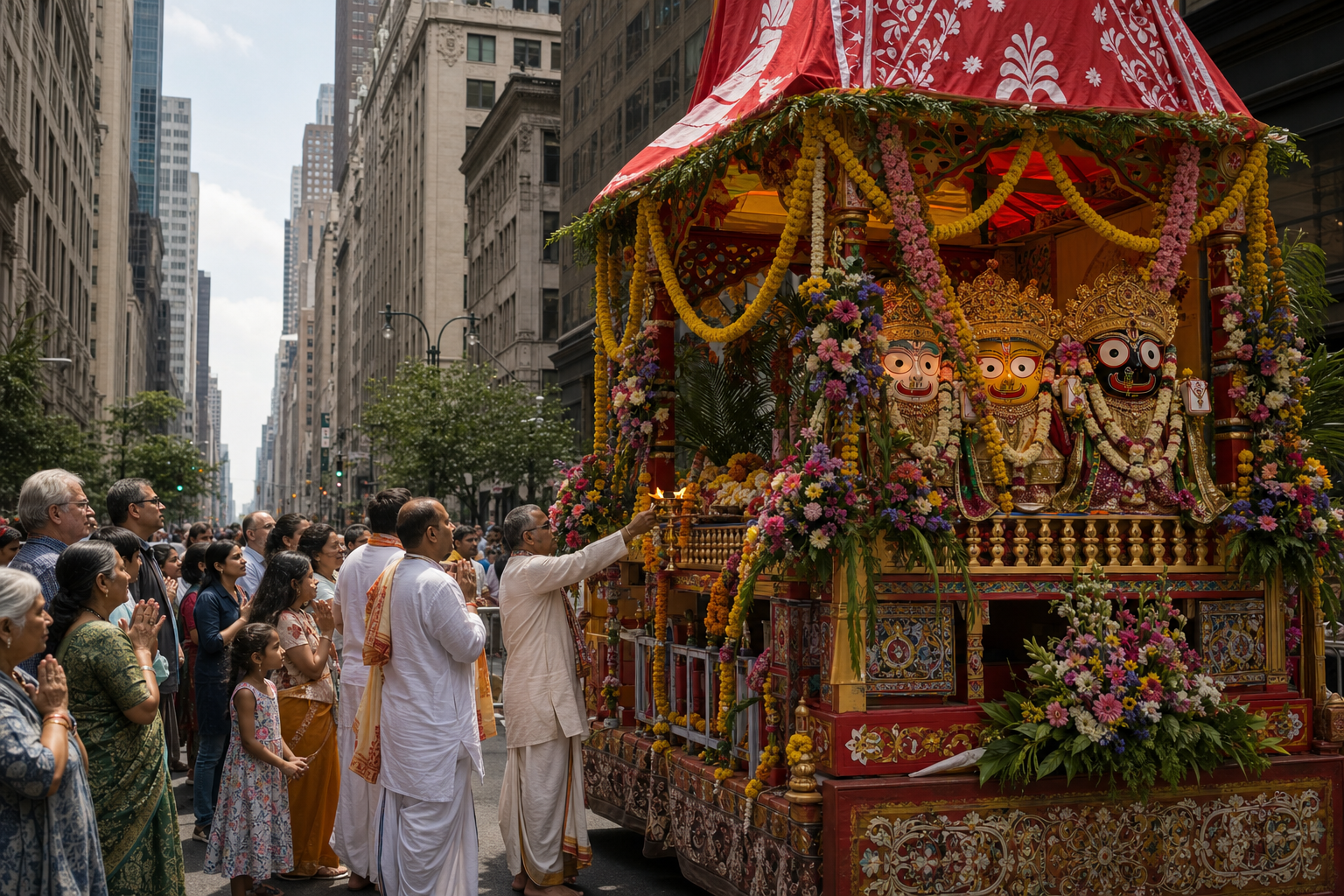 A decorated chariot carrying sacred deity forms passes New Yorkers who watch from the sidewalk as worshippers gather in the street.