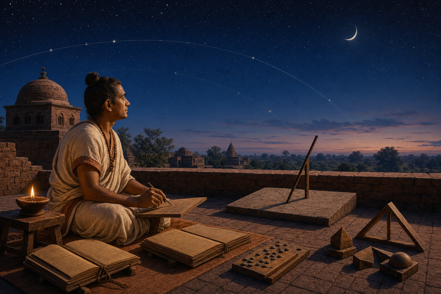 A fifth-century Indian mathematician-astronomer observes the twilight sky beside a gnomon, palm-leaf manuscripts, and geometric tools.