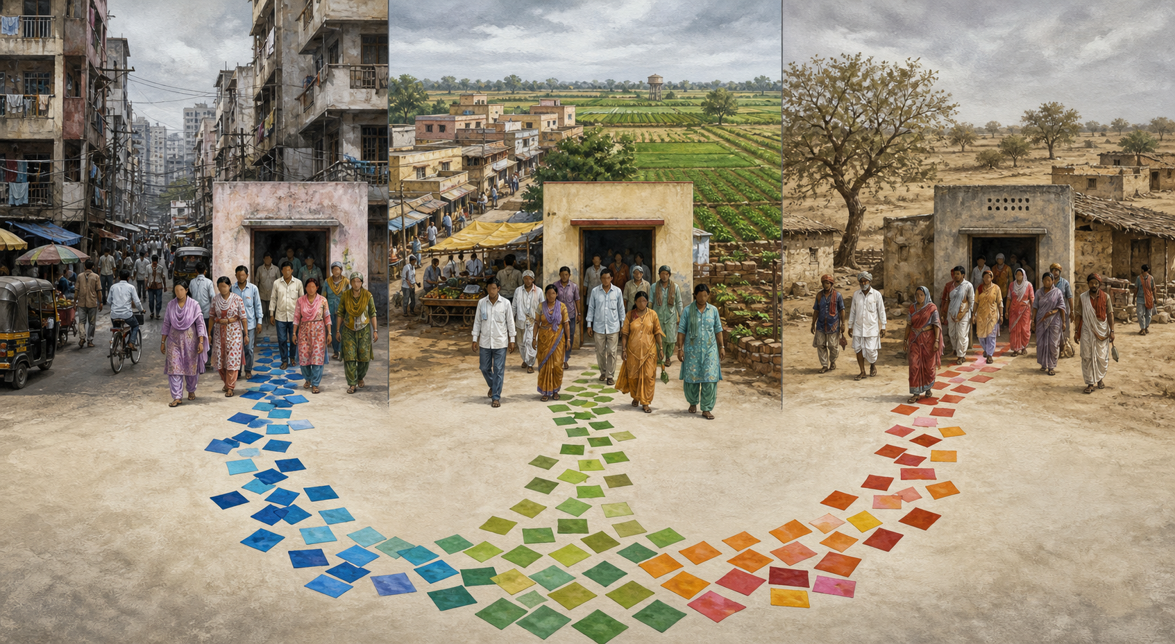 Three illustrated polling environments in a city, market town and rural settlement send ballot tiles in different directions.