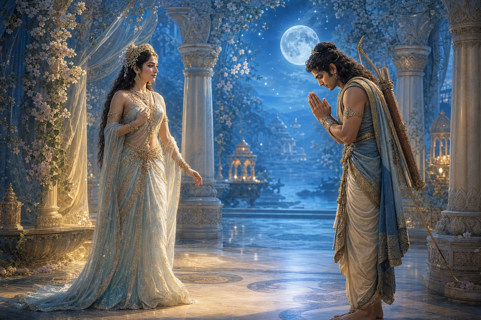 Arjuna bows with joined palms before Urvashi in a celestial hall, maintaining a respectful distance as he refuses her advance.