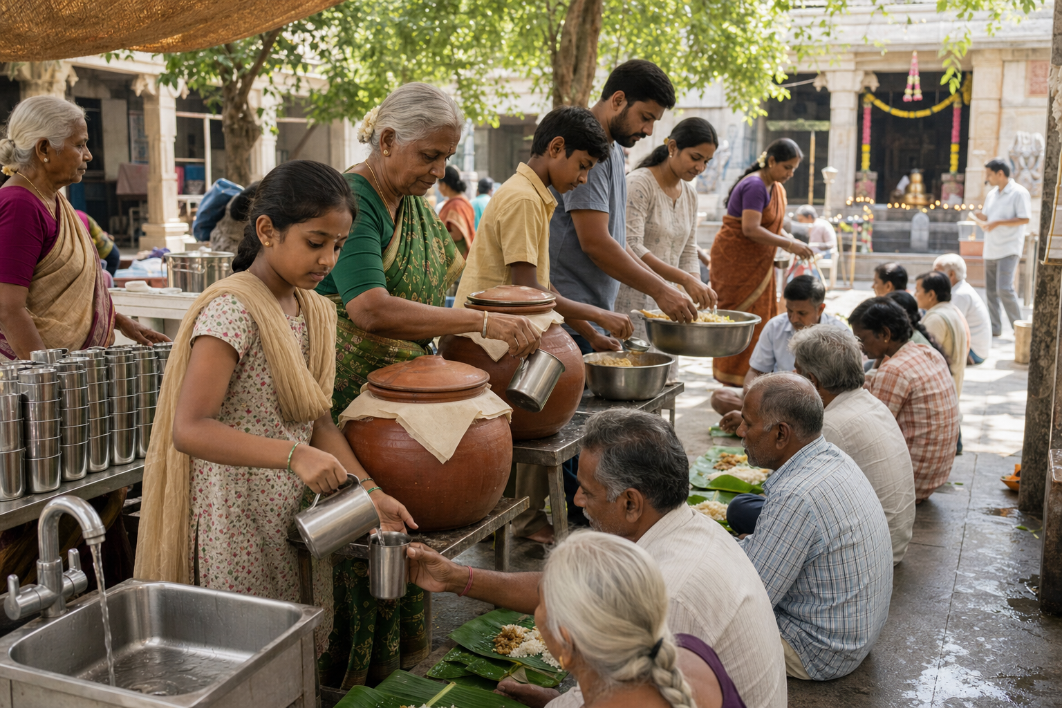 Temple volunteers pour drinking water and serve a banana-leaf meal to visitors in a shaded courtyard.