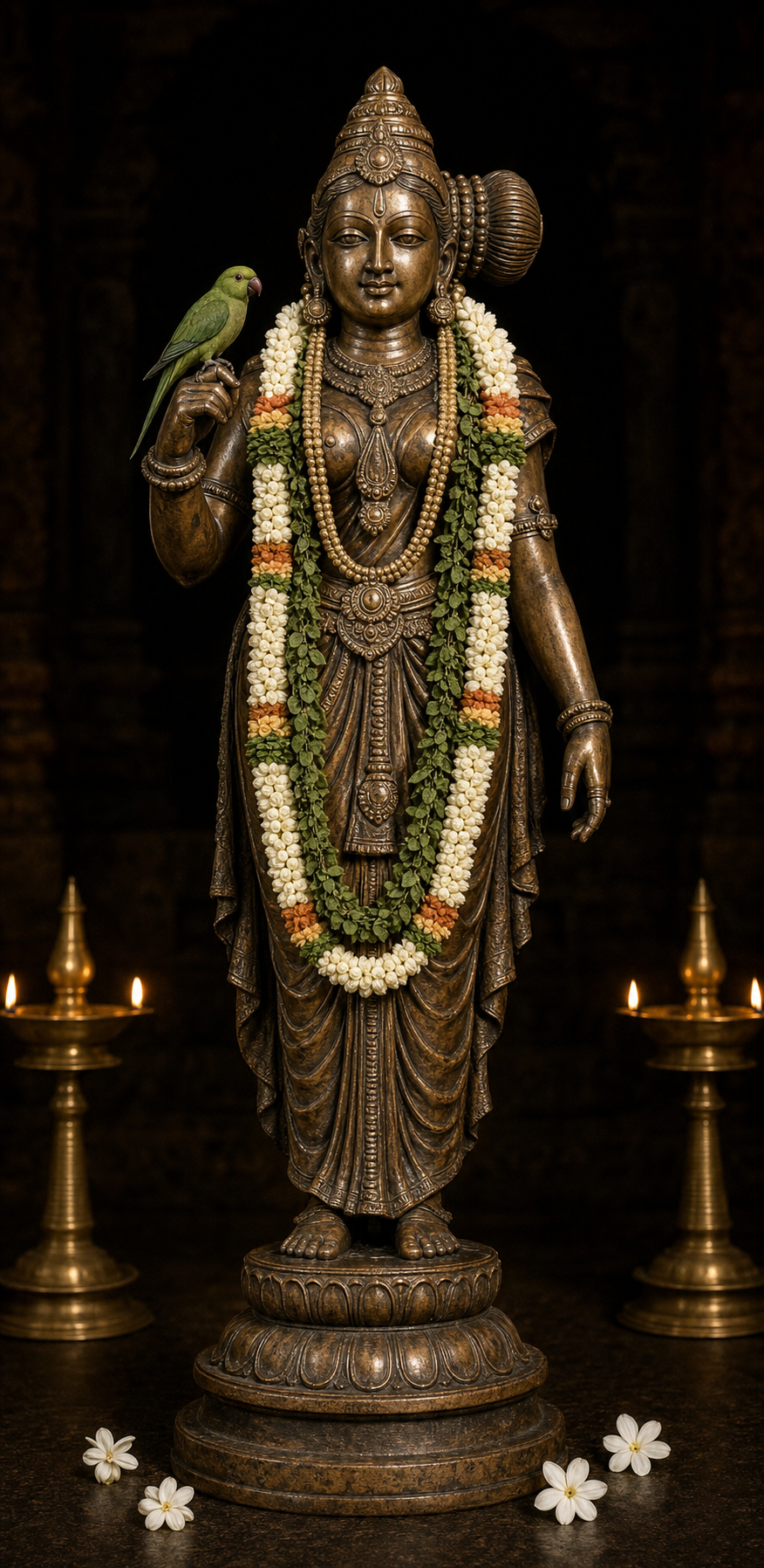 Close view of a bronze Andal icon with a side bun, flower garlands, temple jewelry, and a green parrot.