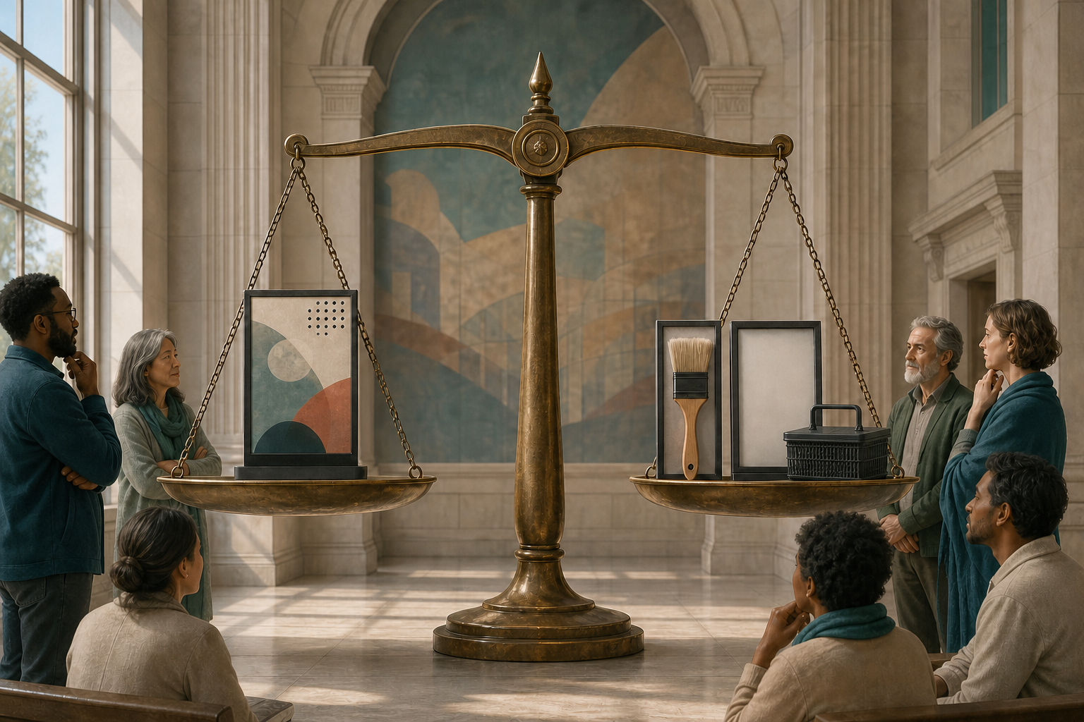 A group of people considers a brass balance holding a generic advertisement on one side and symbols of several possible remedies on the other.